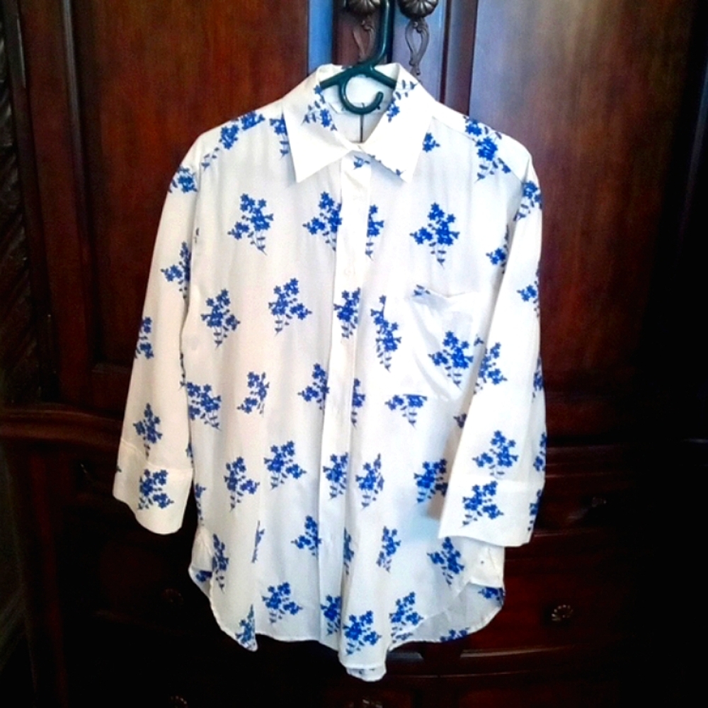 Zara Embroidered Blue Floral on Cream Cotton Button Up Women Fitx Large